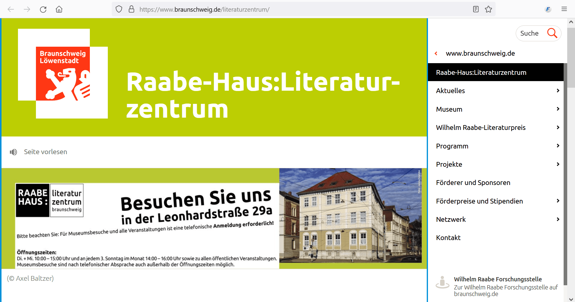 Screenshot Website © Raabe-Haus:Literaturzentrum